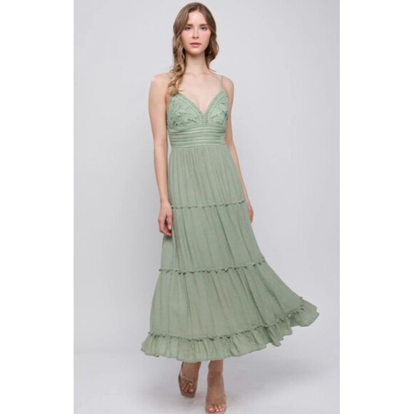 Love Tree Dress L Women's Green Crochet Layered Spaghetti Straps Midi Bohemian - Picture 1 of 8